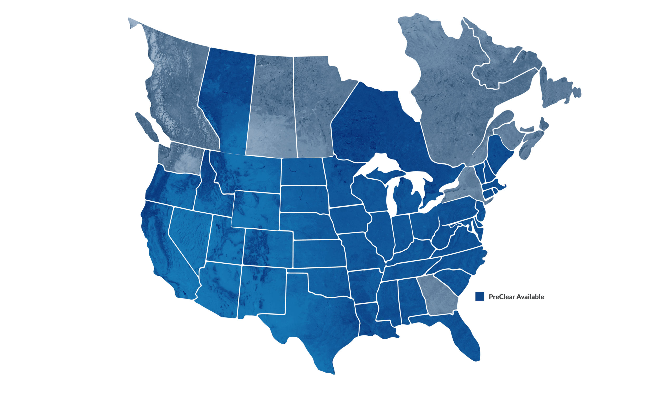 Map of the United States and parts of Canada with a color gradient from blue to light gray. Blue dominates the central and eastern U.S., while light gray appears in the northwest. Text reads PreClear Available, highlighting our partner network for seamless trucking operations.
