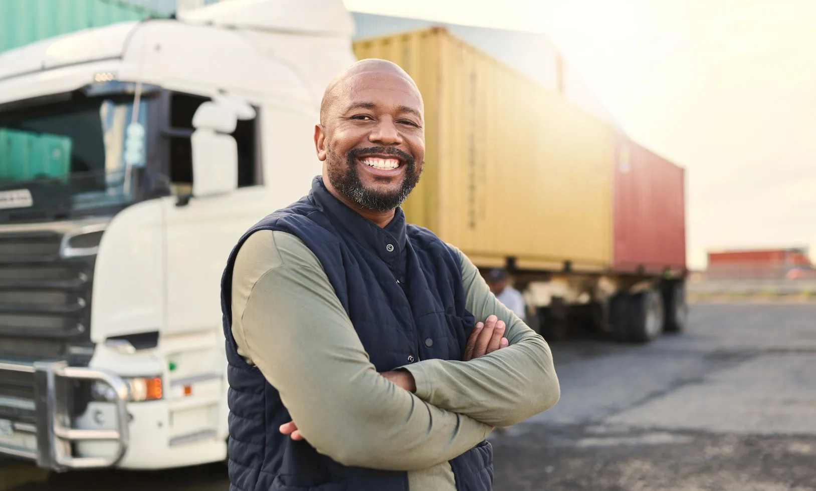 Man smiling with arms crossed standing in front of his freight truck