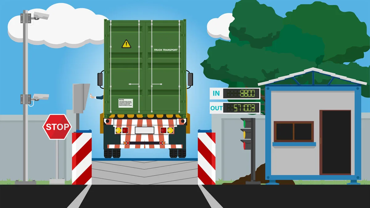 An illustration of a semi truck parked on the scale at a weigh station