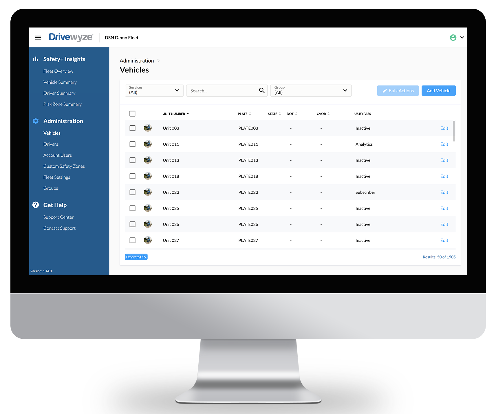 A computer screen showcases a Drivewyze administration dashboard for vehicle management, integrated with ELD data. The interface displays a list of vehicle units, highlighting details like unit number, plate, status (active/inactive), and options to filter or add new vehicles, enhancing preclear processes.