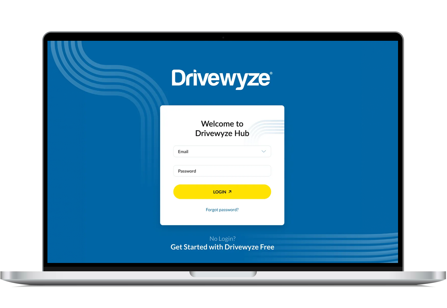 A laptop screen displays the Drivewyze Hub login page, tailored for truckers. It features fields for email and password entry, a yellow Login button, and links for forgotten password and free signup against a blue background with wave patterns.