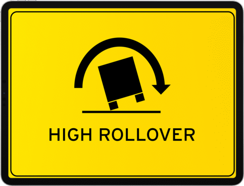 Yellow caution sign with a black symbol of a vehicle tilting inside a curved arrow, indicating a potential rollover risk. Text below reads HIGH ROLLOVER. Essential for truckers using Drivewyze to stay alert on the road.