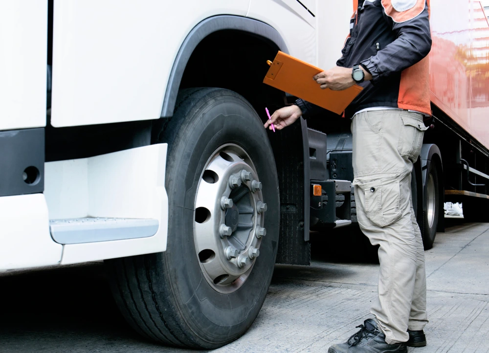 A person in work clothes inspects the tire of a large truck while holding a clipboard and a tool, possibly checking tire pressure or condition—an important step for those interested in how to get good gas mileage in a truck.