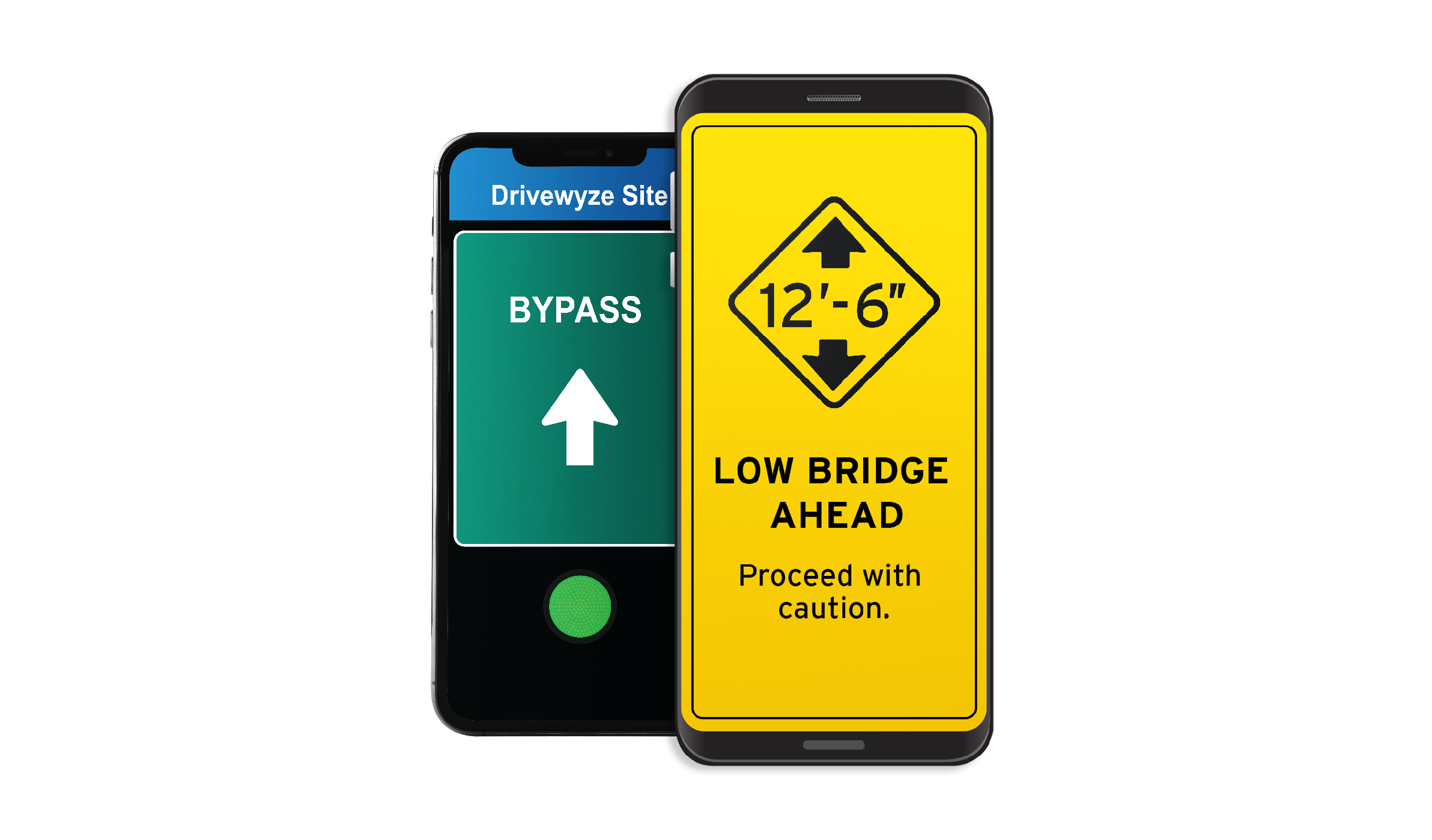 Two smartphones display different screens: one shows a green BYPASS indicator with an upward arrow, and the other displays a yellow warning sign reading 12-6 LOW BRIDGE AHEAD. Proceed with caution.