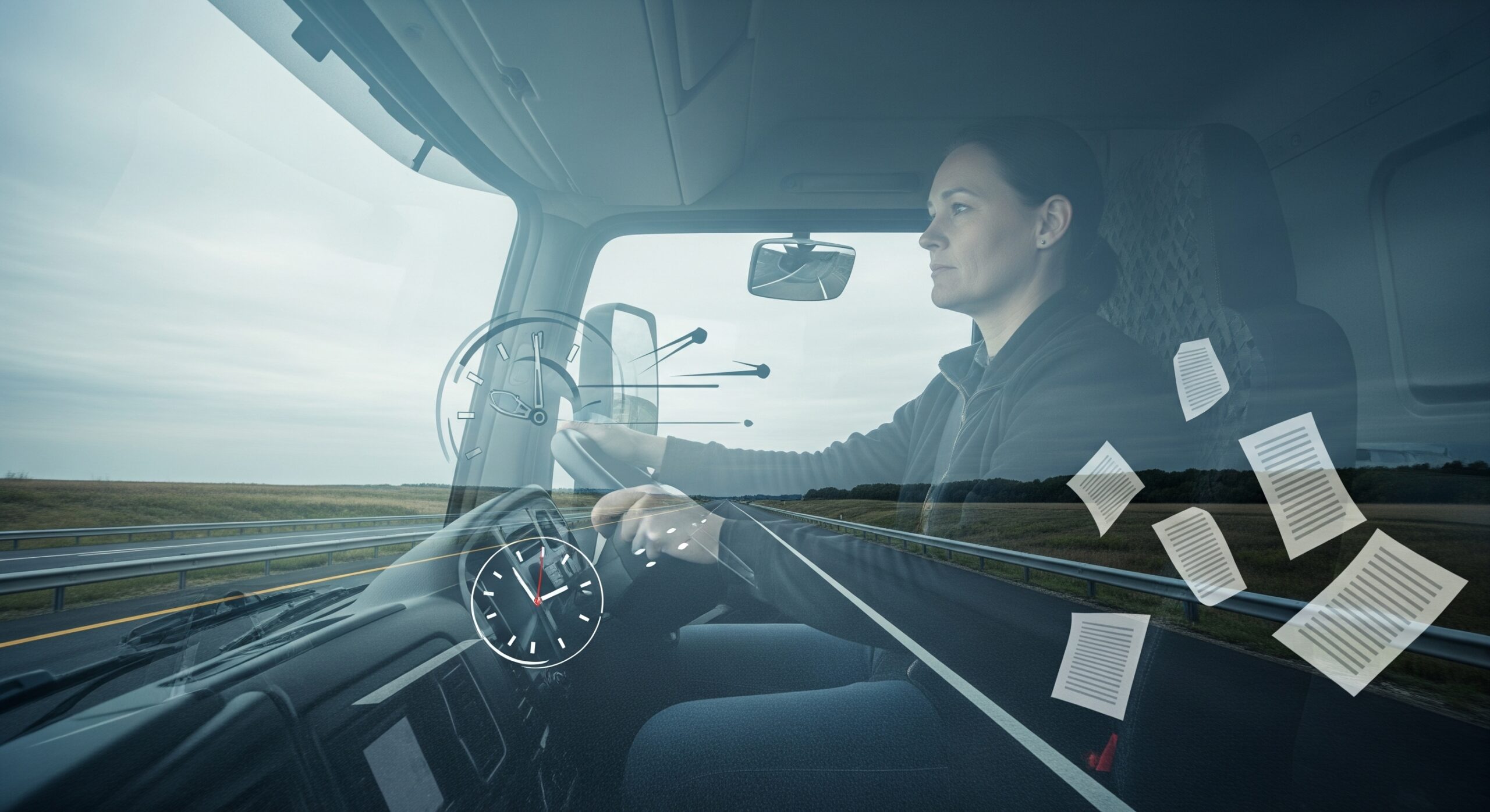 Female truck driver facing highway challenges and stress