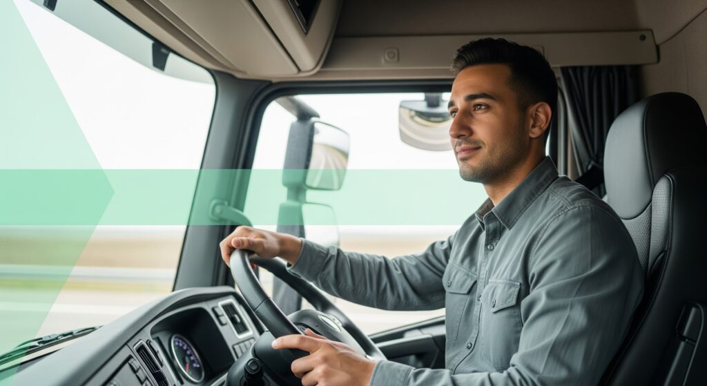 Truck driver looking calm and focused while driving, reducing stress on the road.