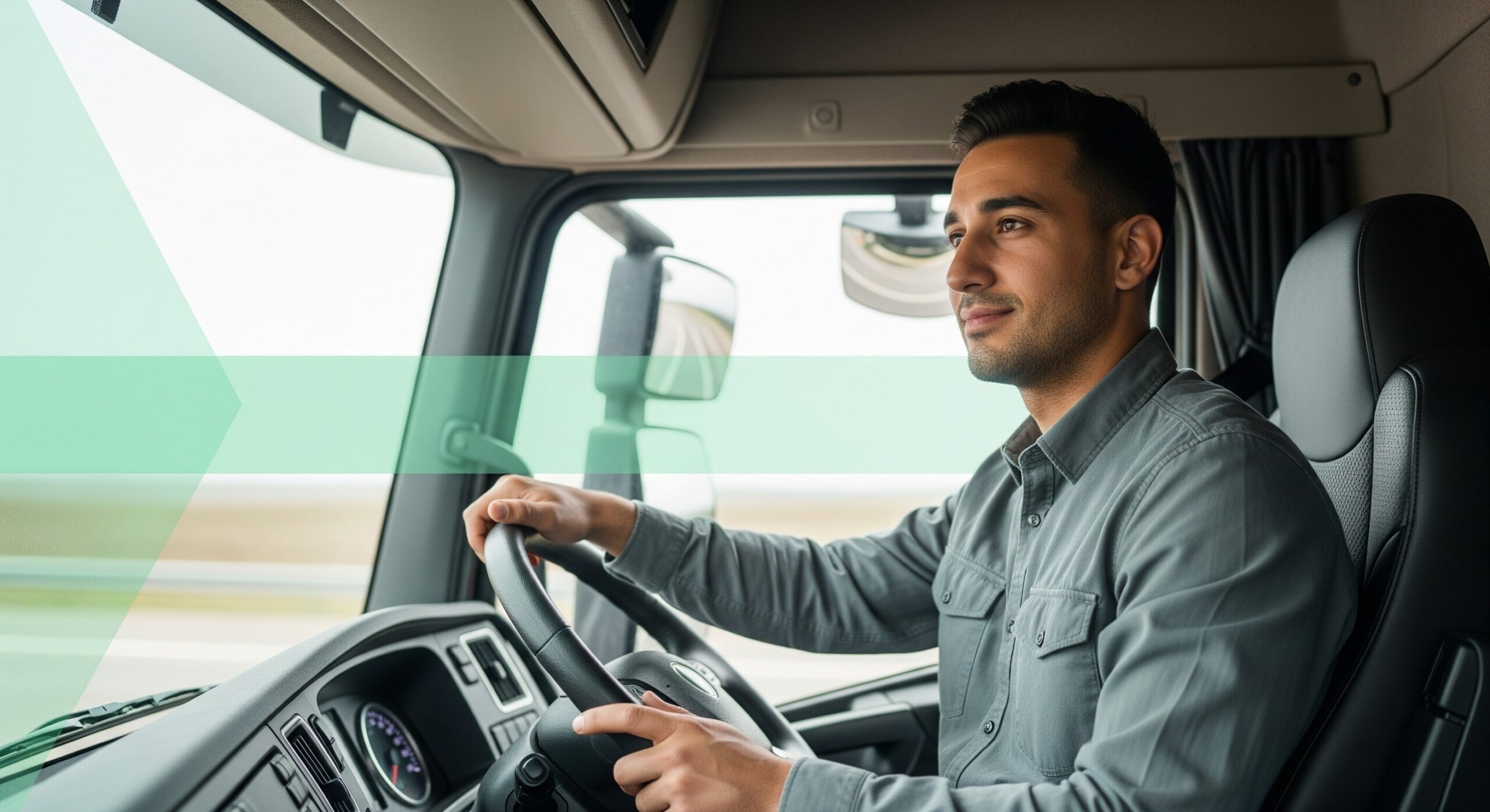 Truck driver looking calm and focused while driving, reducing stress on the road.